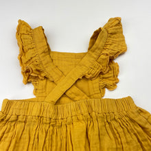 Load image into Gallery viewer, Girls Baby Baby, yellow crinkle cotton pinafore / overalls dress, FUC, size 00, L: 36xm