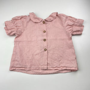 Girls handmade, pink linen blend top, no size, L: 38cm, armpit to armpit: 35cm, EUC, size 4-6,  
