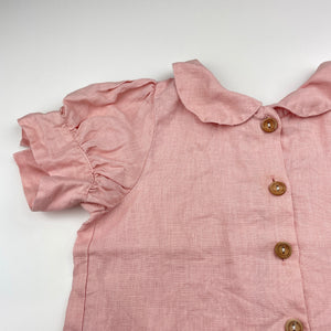 Girls handmade, pink linen blend top, no size, L: 38cm, armpit to armpit: 35cm, EUC, size 4-6,  