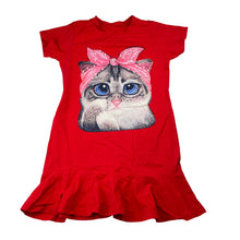 Load image into Gallery viewer, Girls red, t-shirt dress, cat, no labels, armpit to armpit: 32cm, GUC, size 5-6, L: 58cm