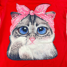 Load image into Gallery viewer, Girls red, t-shirt dress, cat, no labels, armpit to armpit: 32cm, GUC, size 5-6, L: 58cm