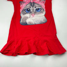 Load image into Gallery viewer, Girls red, t-shirt dress, cat, no labels, armpit to armpit: 32cm, GUC, size 5-6, L: 58cm