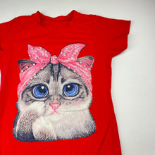 Load image into Gallery viewer, Girls red, t-shirt dress, cat, no labels, armpit to armpit: 32cm, GUC, size 5-6, L: 58cm