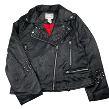 Load image into Gallery viewer, Girls Zara, studded faux leather jacket, silver marks on back, FUC, size 11-12,  