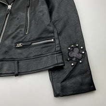 Load image into Gallery viewer, Girls Zara, studded faux leather jacket, silver marks on back, FUC, size 11-12,  