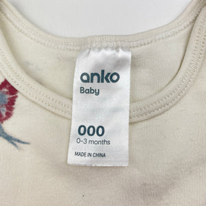 Unisex Anko, organic cotton bodysuit / romper, birds, GUC, size 000,  