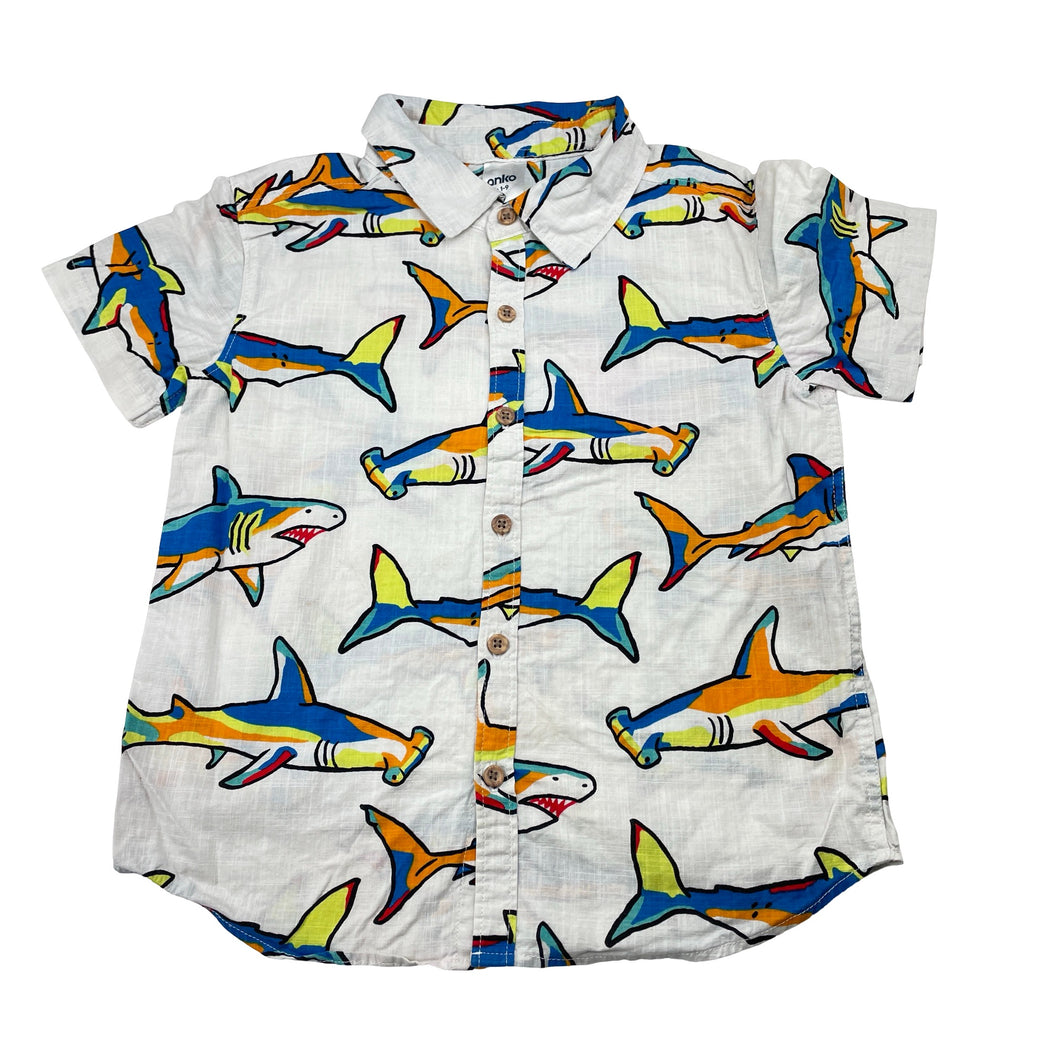 Boys Anko, lightweight cotton short sleeve shirt, sharks, EUC, size 5,  