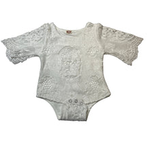 Load image into Gallery viewer, Girls white, lined lace bodysuit / romper, EUC, size 000,  