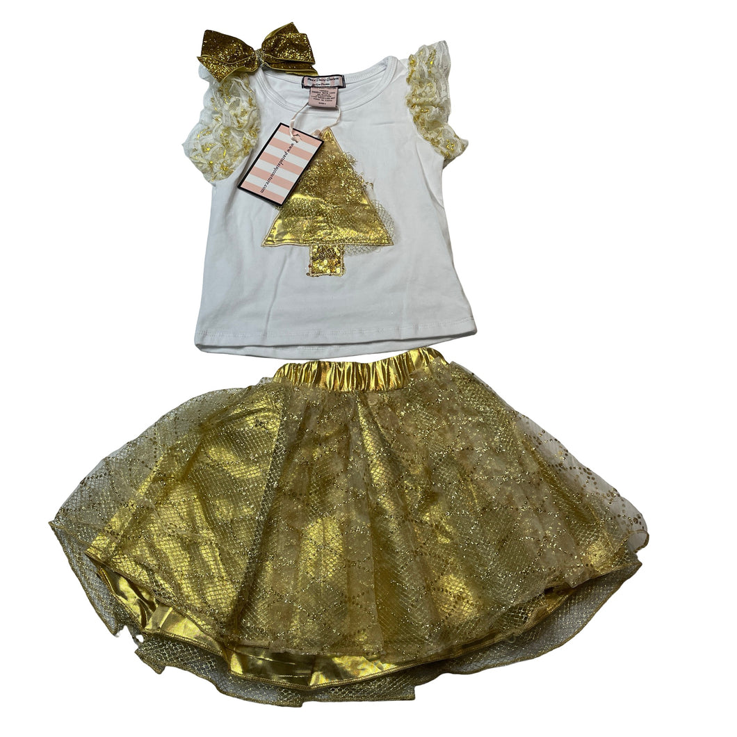 Girls Paris Daisy Couture, white & gold glitter Christmas top & skirt & bow hairclip, NEW, size 0-1,  
