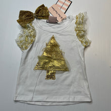 Load image into Gallery viewer, Girls Paris Daisy Couture, white &amp; gold glitter Christmas top &amp; skirt &amp; bow hairclip, NEW, size 0-1,  