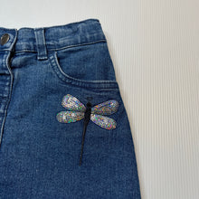 Load image into Gallery viewer, Girls Kids &amp; Co, stretch denim skirt, adjustable, sequin dragonfly, GUC, size 4,  