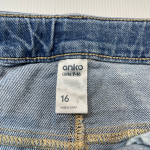 Girls Anko, distressed stretch denim skirt, adjustable, L: 36cm, GUC, size 16,  