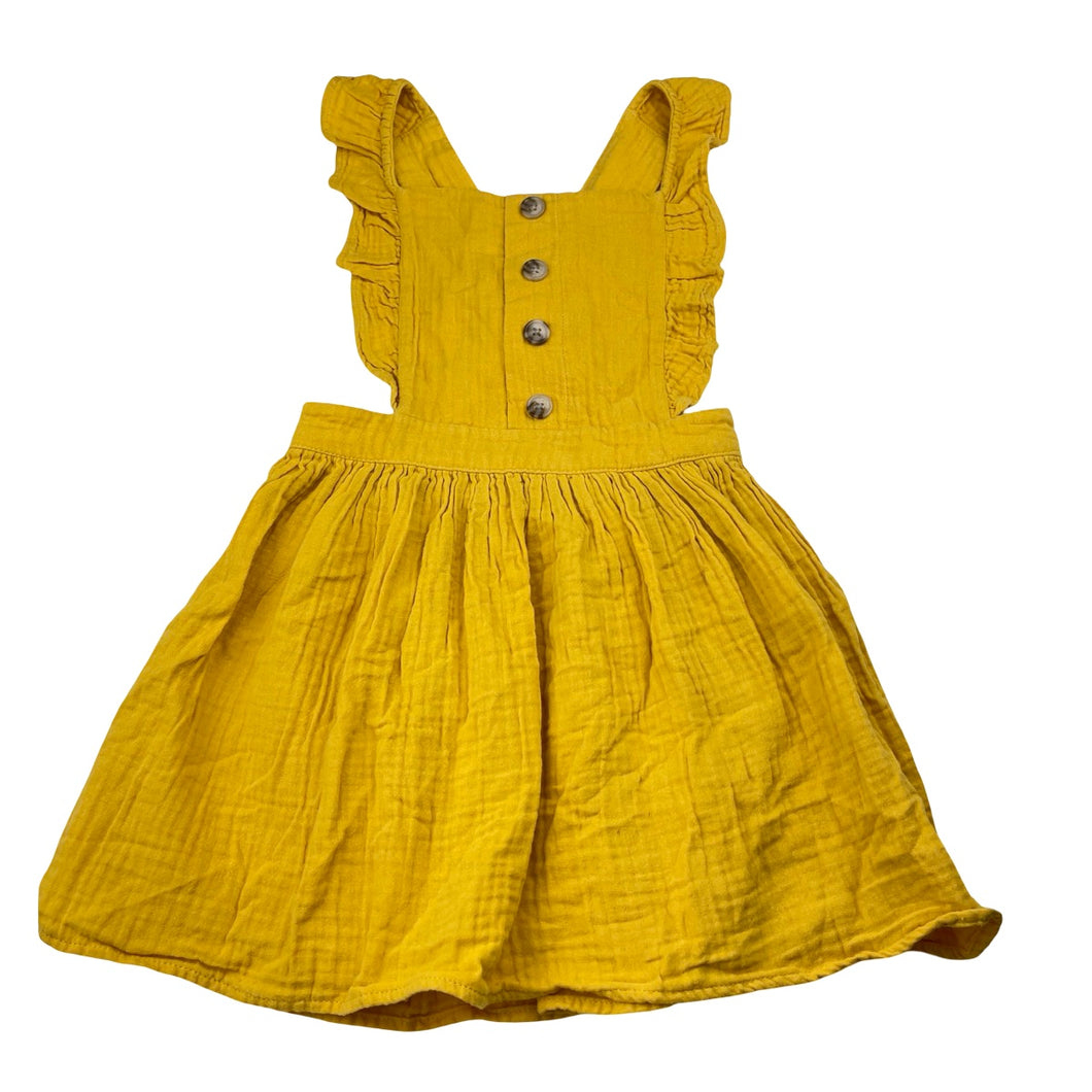 Girls Target, yellow crinkle cotton overalls dress / pinafore, GUC, size 5, L: 55cm
