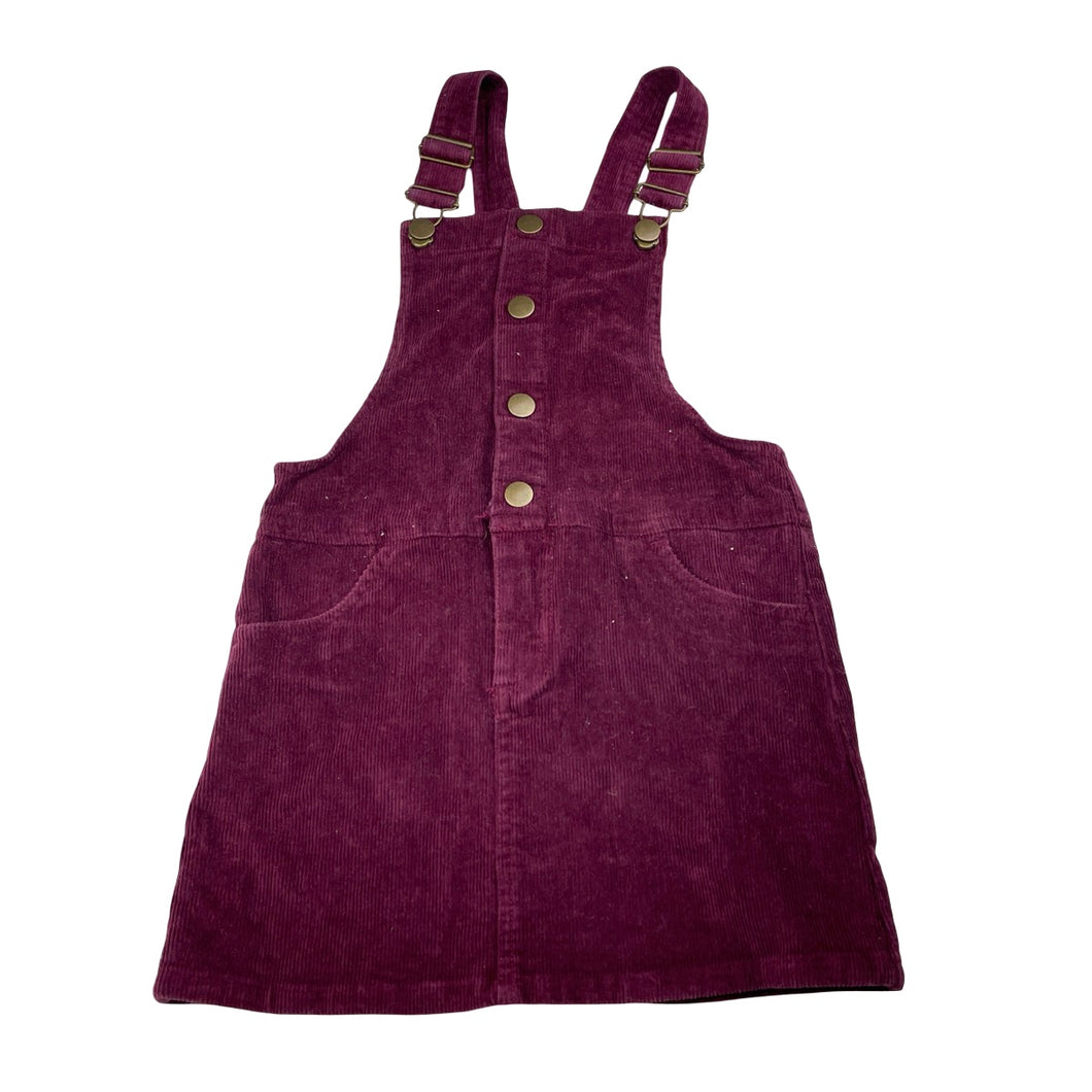Girls maroon, stretch corduroy overalls dress / pinafore, no labels, L: 59cm, GUC, size 6, L: 59cm
