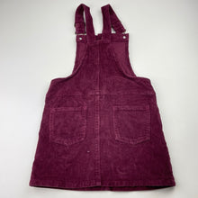 Load image into Gallery viewer, Girls maroon, stretch corduroy overalls dress / pinafore, no labels, L: 59cm, GUC, size 6, L: 59cm
