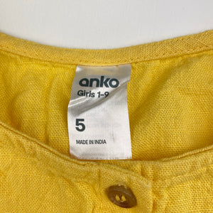 Girls Anko, yellow cotton sleeveless dress, EUC, size 5, L: 53cm