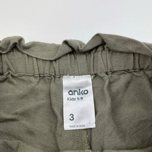 Girls Anko, khaki viscose / cotton / linen shorts, elasticated, GUC, size 3,  