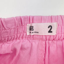 Load image into Gallery viewer, Girls Cotton On, pink linen / viscose pants, elasticated, Inside leg: 25cm, marks front of legs, FUC, size 2,  