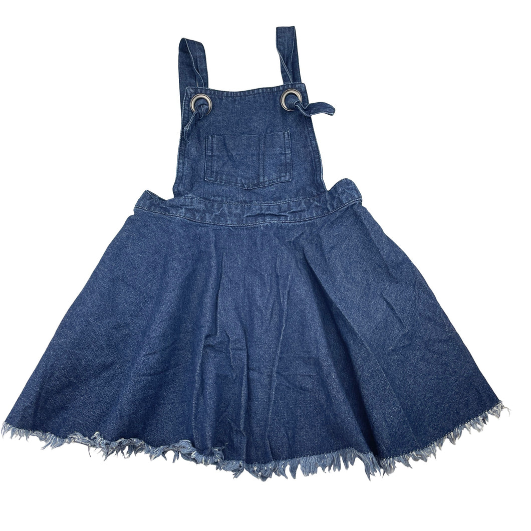 Girls Seed, dark denim overalls dress / pinafore, GUC, size 5, L: 54cm