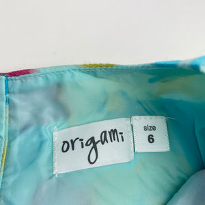 Girls Origami, lined colourful floral party dress, EUC, size 6, L: 66cm