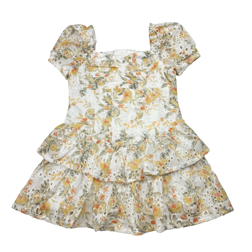 Girls Bardot Junior, cotton lined floral broderie dress, EUC, size 3, L: 49cm