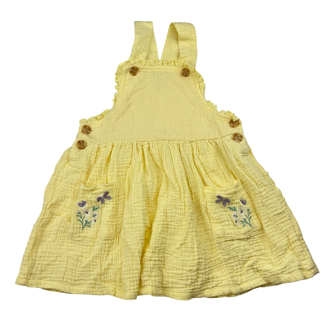 Girls Emma & Elsa, embroidered crinkle cotton overalls dress / pinafore, GUC, size 4, L: 48cm