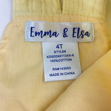 Load image into Gallery viewer, Girls Emma &amp; Elsa, embroidered crinkle cotton overalls dress / pinafore, GUC, size 4, L: 48cm
