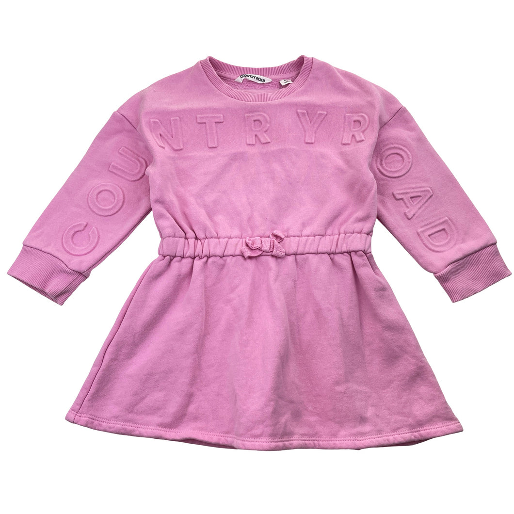 Girls Country Road, pink fleece lined sweater dress, light marks waist & cuffs, FUC, size 2, L: 47cm