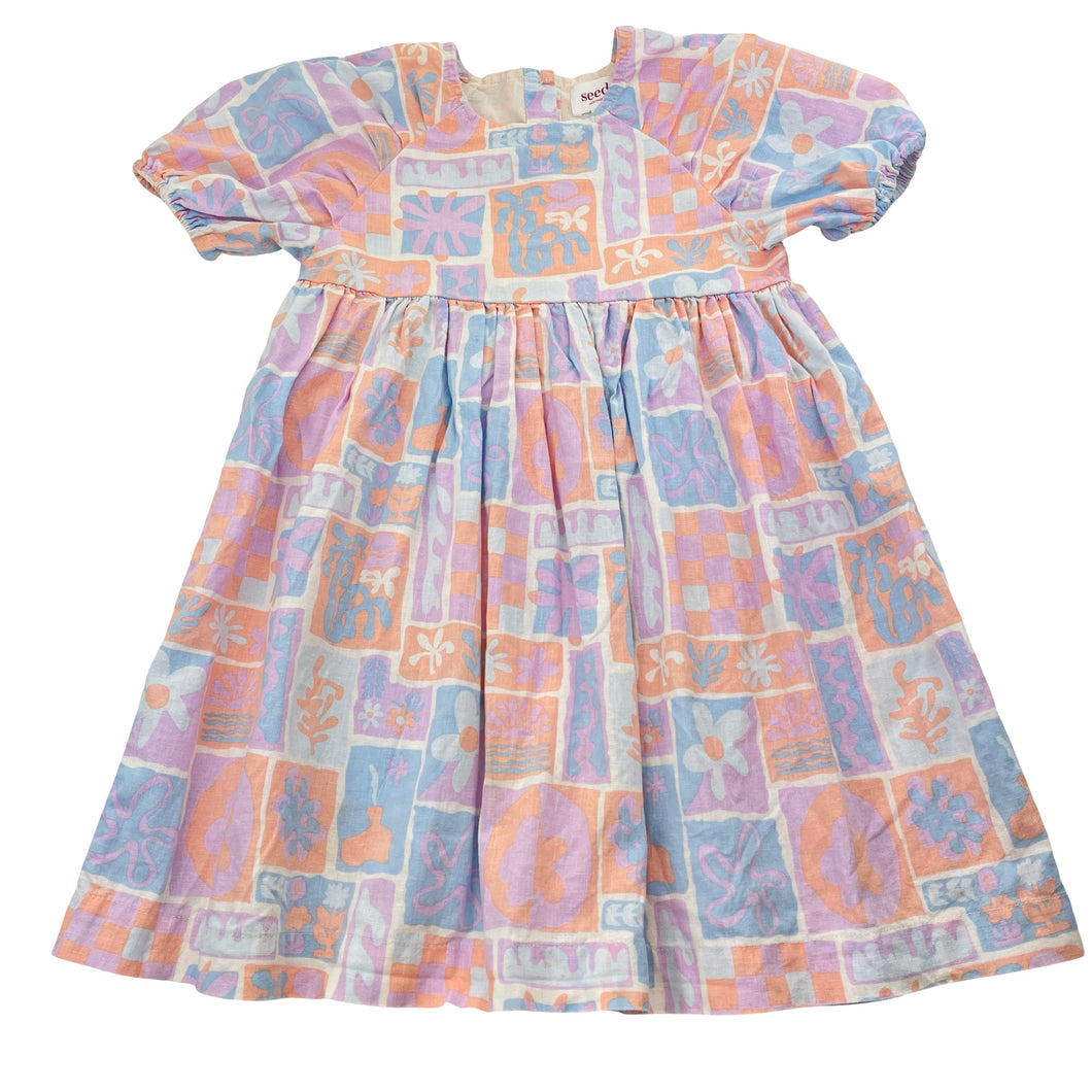 Girls Seed, floral linen/cotton dress, light marks, FUC, size 3, L: 56cm