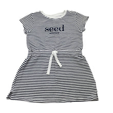 Load image into Gallery viewer, Girls Seed, heritage navy &amp; white stripe dress, light blue marks front, FUC, size 4, L: 47cm