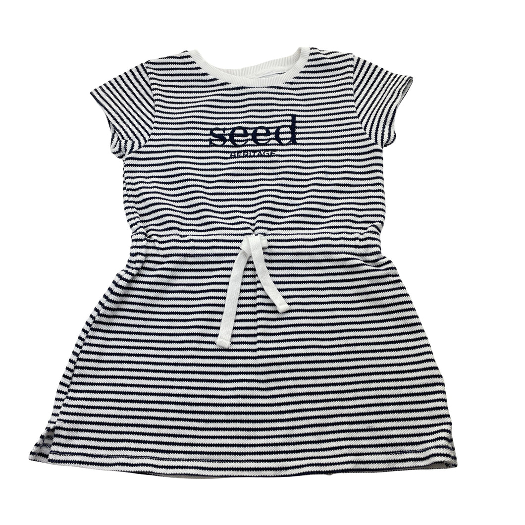 Girls Seed, heritage navy & white stripe dress, light blue marks front, FUC, size 4, L: 47cm