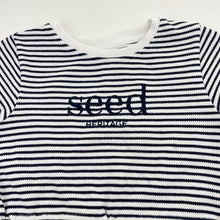 Load image into Gallery viewer, Girls Seed, heritage navy &amp; white stripe dress, light blue marks front, FUC, size 4, L: 47cm