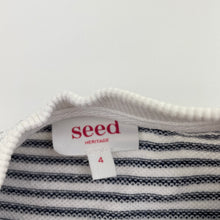 Load image into Gallery viewer, Girls Seed, heritage navy &amp; white stripe dress, light blue marks front, FUC, size 4, L: 47cm