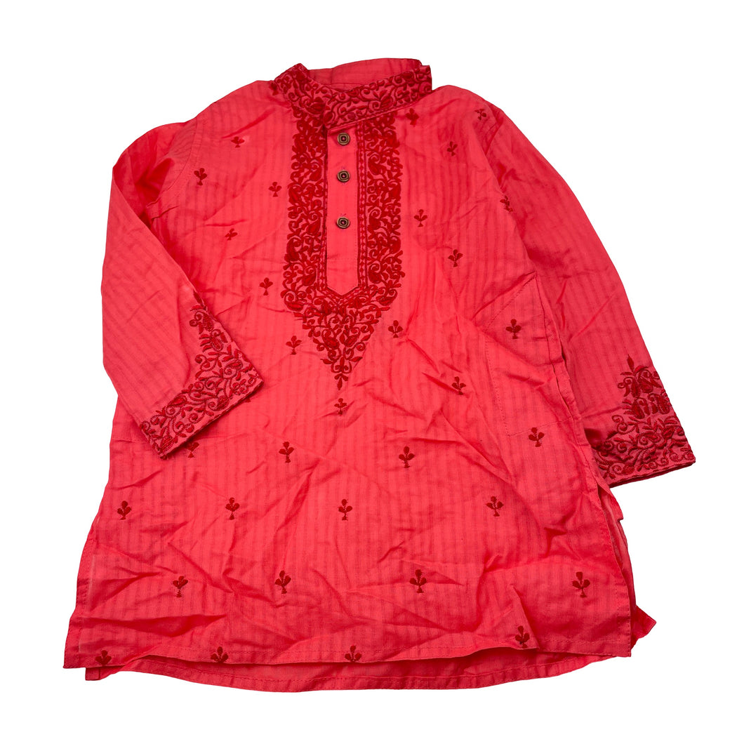 Unisex coral, embroidered lightweight tunic top, L: 46cm, armpit to armpit: 31cm, shoulder to cuff: 32cm, EUC, size 2-3,  