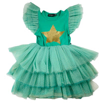 Load image into Gallery viewer, Girls Rock Your Kid, green tulle &amp; gold glitter party dress, light mark on back, FUC, size 3, L: 54cm