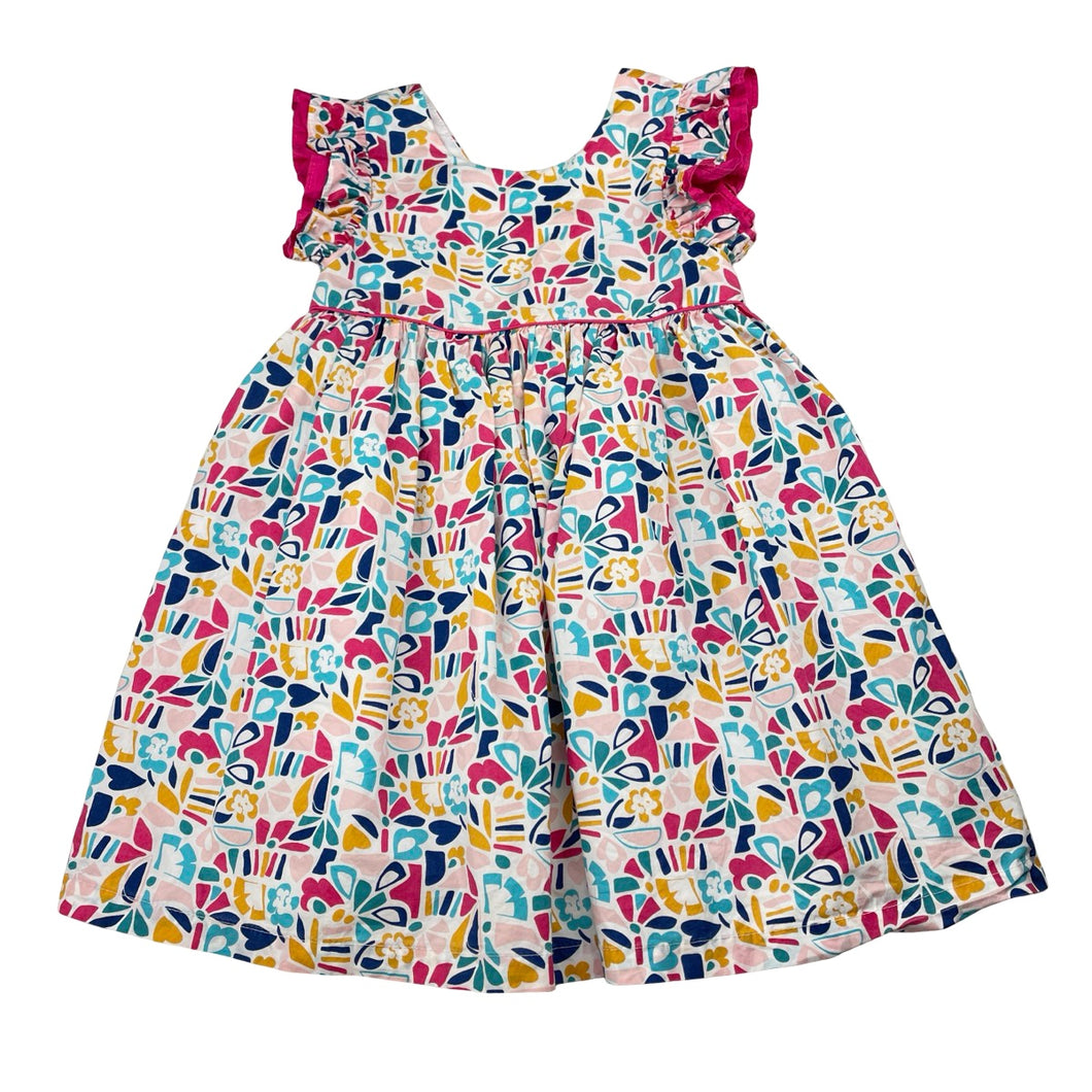 Girls Shrinking Violet, lined colourful cotton dress, FUC, size 4, L: 51cm