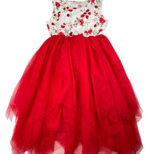 Load image into Gallery viewer, Girls DESIGNER KIDZ, red floral &amp; tulle party dress, GUC, size 7, L: 75cm