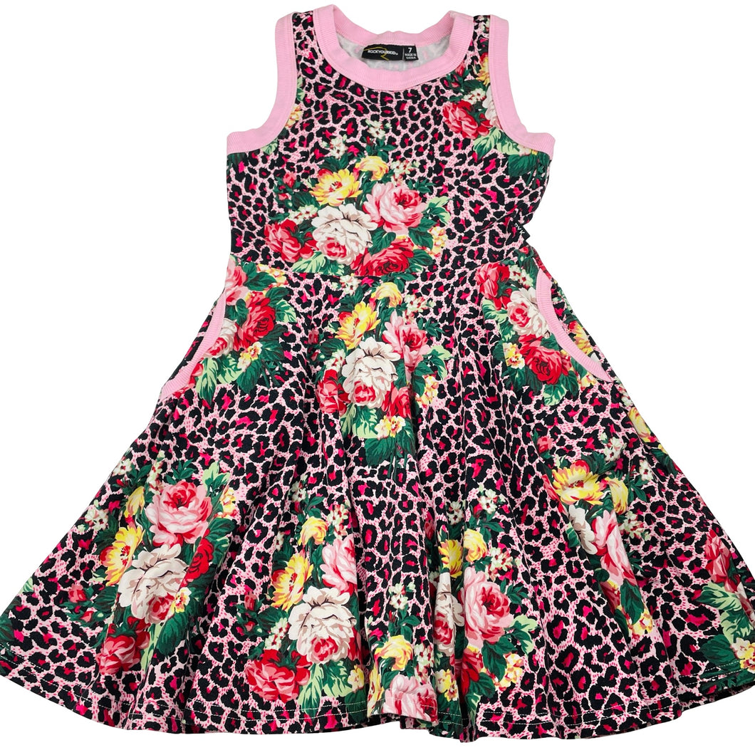 Girls Rock Your Kid, stretchy floral & animal print waisted dress, GUC, size 7, L: 65cm