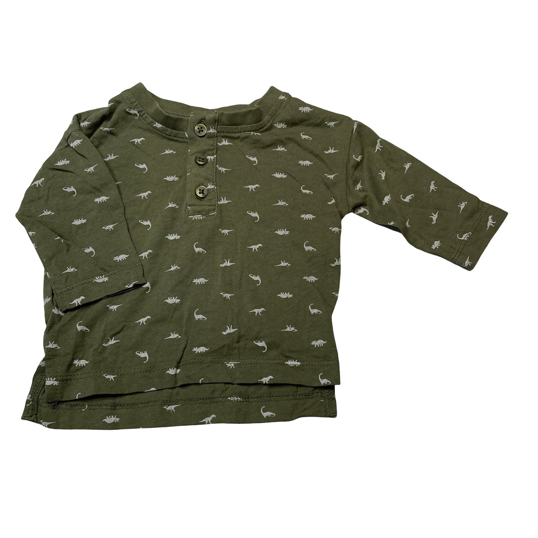 Boys Baby Berry, khaki cotton long sleeve top, dinosaurs, EUC, size 000,  