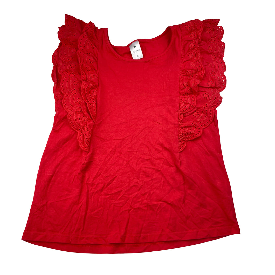 Girls Target, broderie trim red cotton top, GUC, size 12,  