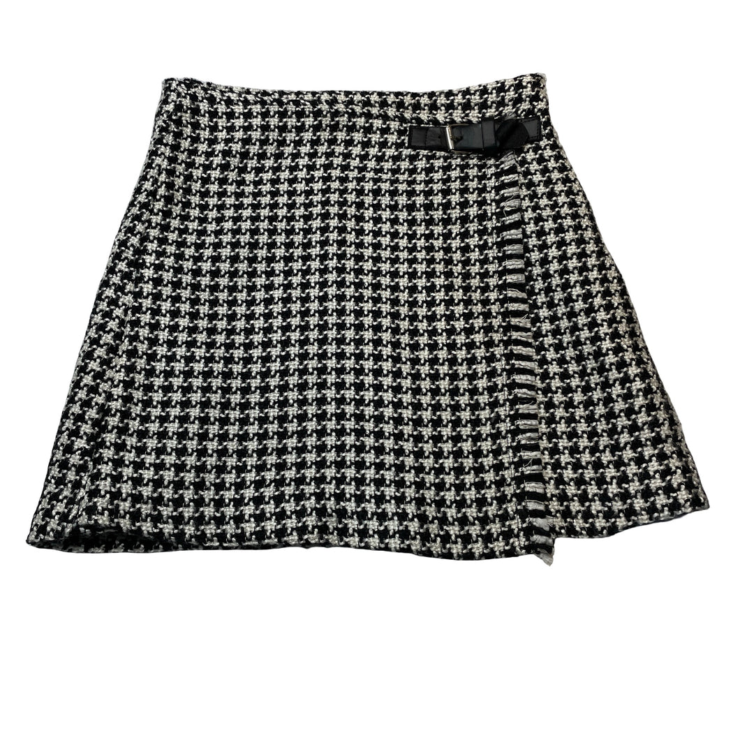 Girls Zara, lined black & white woven skirt, adjustable, L: 36cm, *belt trim layer peeling*, FUC, size 13-14,  
