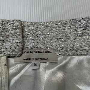 Girls Child by Petals Ink, Designer lined woven silver skirt, L: 40.5cm, W: 30.5cm across, EUC, size 10,  