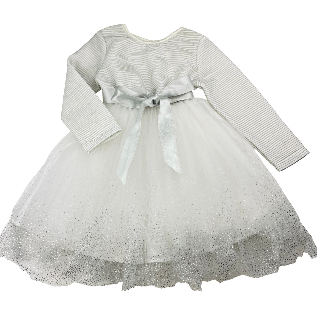 Girls Origami, long sleeve white & silver party dress, GUC, size 3, L: 51cm