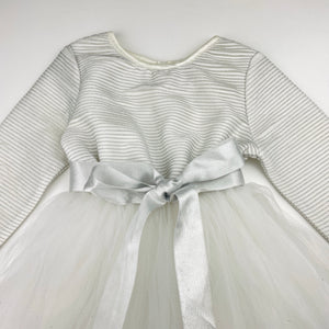 Girls Origami, long sleeve white & silver party dress, GUC, size 3, L: 51cm