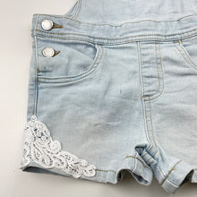 Load image into Gallery viewer, Girls 1964 Denim Co, lace trim stretch denim overalls / shortalls, FUC, size 6,  