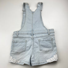 Load image into Gallery viewer, Girls 1964 Denim Co, lace trim stretch denim overalls / shortalls, FUC, size 6,  