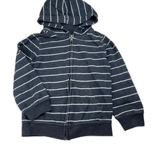 Load image into Gallery viewer, Boys navy, stripe zip hoodie sweater, no labels, armpit to armpit: 35cm, shoulder to cuff: 39cm, GUC, size 5-6,  