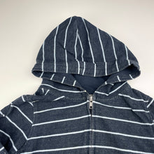 Load image into Gallery viewer, Boys navy, stripe zip hoodie sweater, no labels, armpit to armpit: 35cm, shoulder to cuff: 39cm, GUC, size 5-6,  