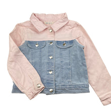 Load image into Gallery viewer, Girls Target, pink &amp; blue stretch denim jacket, poppers, FUC, size 5,  
