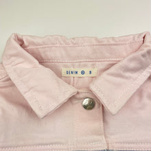 Load image into Gallery viewer, Girls Target, pink &amp; blue stretch denim jacket, poppers, FUC, size 5,  